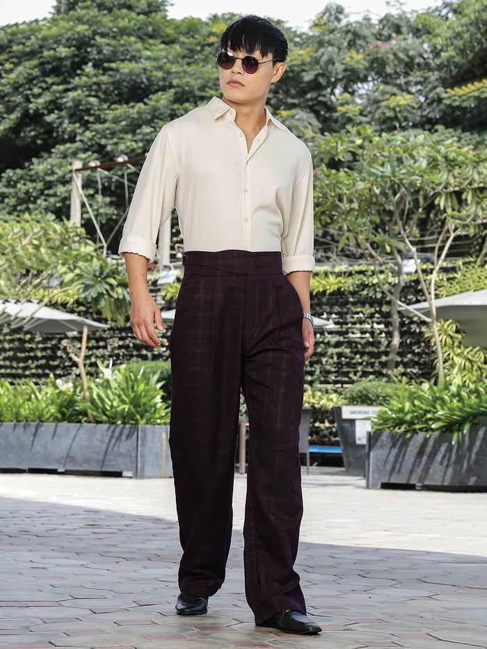 House Of Koala Wine Premium Chequered Gurkha Trousers with Double Pleated Front
