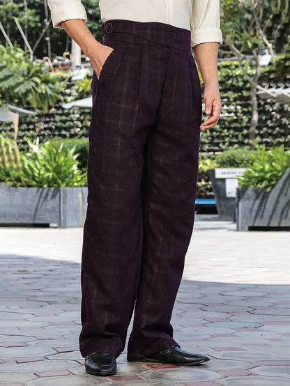 House Of Koala Wine Premium Chequered Gurkha Trousers with Double Pleated Front