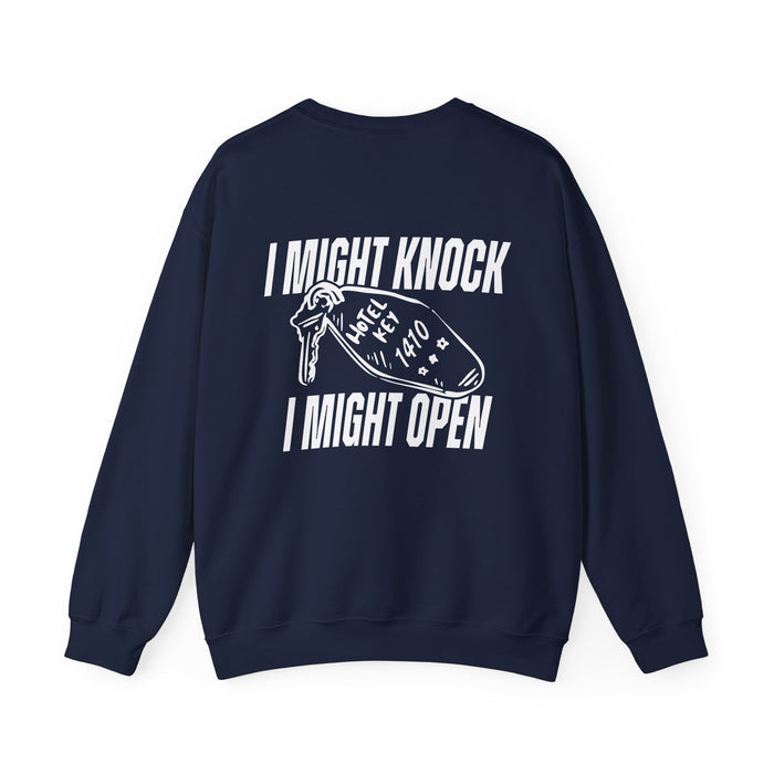 Thtgrlreads oversized navy crewneck sweatshirt from the Hockey Romance collection featuring bold white vintage puff print text and a hotel key graphic, made with premium Comfort Colors fabric.