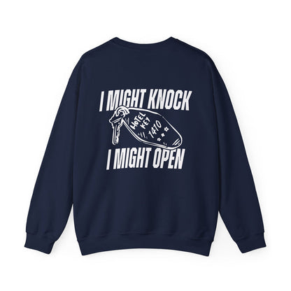 Thtgrlreads oversized navy crewneck sweatshirt from the Hockey Romance collection featuring bold white vintage puff print text and a hotel key graphic, made with premium Comfort Colors fabric.