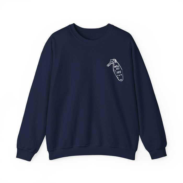 thtgrlreads cozy navy blue Comfort Colors oversized crewneck sweatshirt featuring a small vintage-style embroidered graphic of a dainty vial labeled "Love Potion #410" on the chest