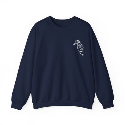 thtgrlreads cozy navy blue Comfort Colors oversized crewneck sweatshirt featuring a small vintage-style embroidered graphic of a dainty vial labeled "Love Potion #410" on the chest