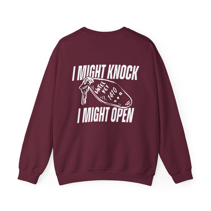 Burgundy oversized crewneck sweatshirt from thtgrlreads featuring bold white graphic text and a vintage-style key illustration, part of the Hockey Romance and Crewnecks collections.