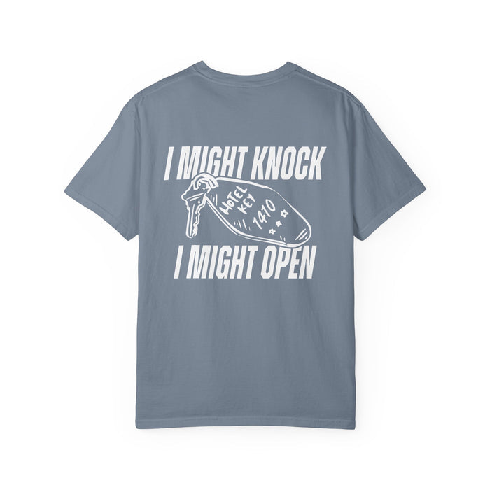 thtgrlreads officially licensed Hockey Romance comfort colors graphic tee in vintage wash featuring bold white text and a hotel key graphic with playful phrase "I Might Knock I Might Open" from the Tees collection.