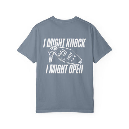thtgrlreads officially licensed Hockey Romance comfort colors graphic tee in vintage wash featuring bold white text and a hotel key graphic with playful phrase "I Might Knock I Might Open" from the Tees collection.