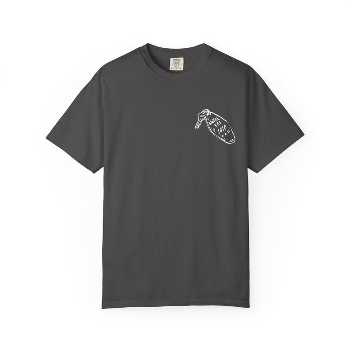 thtgrlreads Hockey Romance comfort colors graphic tee in vintage washed charcoal with small white key tag graphic and "I Might Knock" text on chest sleeves, unisex fit.