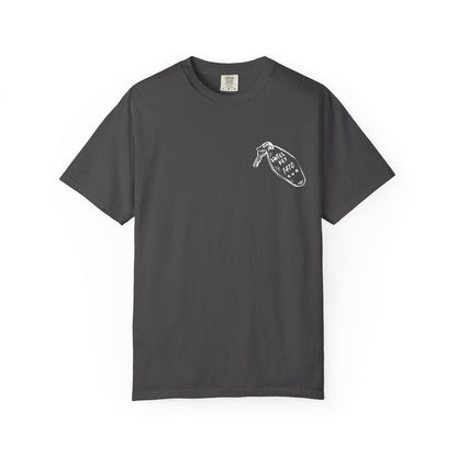 thtgrlreads Hockey Romance comfort colors graphic tee in vintage washed charcoal with small white key tag graphic and "I Might Knock" text on chest sleeves, unisex fit.