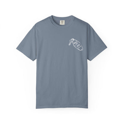 A vintage wash Comfort Colors graphic tee in muted blue with a small white line art design on the chest, part of thtgrlreads' Hockey Romance and Tees collections.
