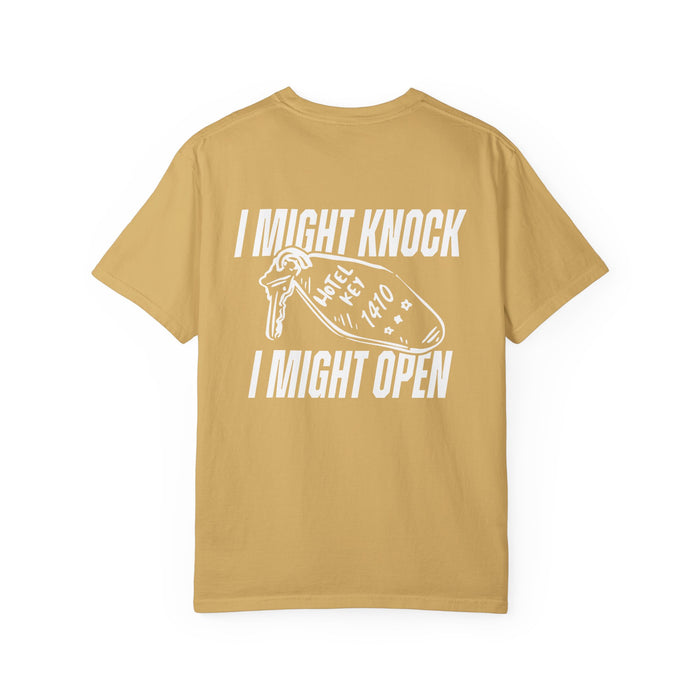 Comfort Colors graphic tee from thtgrlreads featuring a vintage white print of a hotel key and bold text "I Might Knock I Might Open," part of the Hockey Romance and Tees collections.
