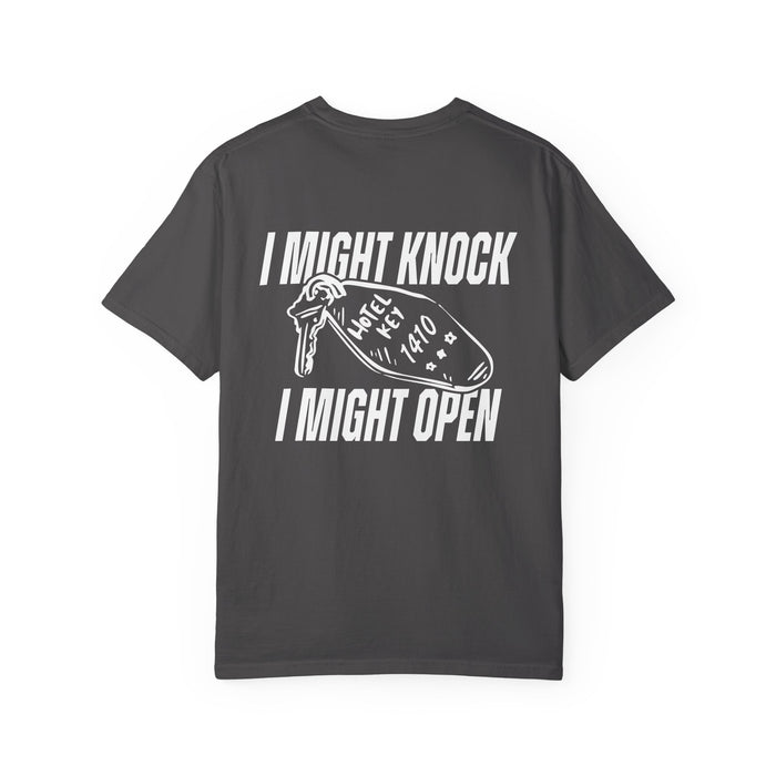 Comfort Colors graphic tee from thtgrlreads featuring vintage wash fabric and bold white print of a hotel key with text "I might knock I might open," part of Hockey Romance and tees collections.