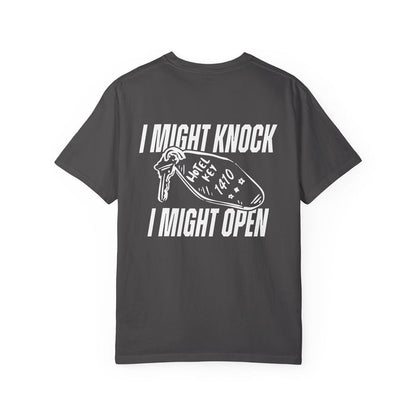 Comfort Colors graphic tee from thtgrlreads featuring vintage wash fabric and bold white print of a hotel key with text "I might knock I might open," part of Hockey Romance and tees collections.