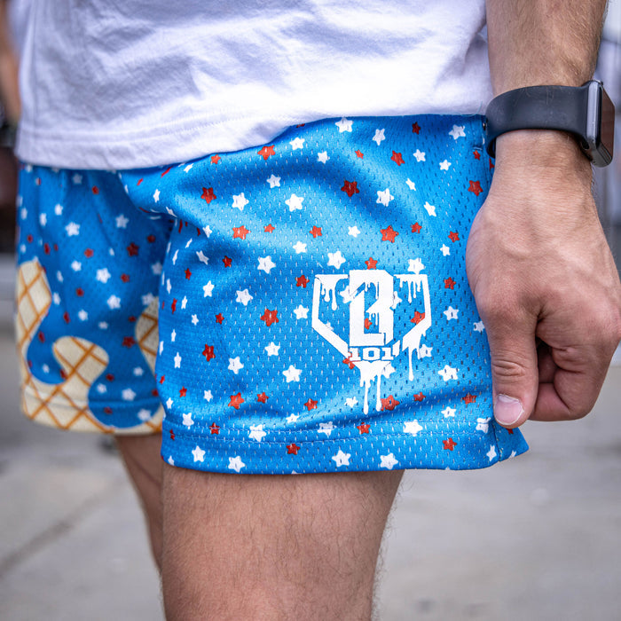 Youth model wearing red, white & blue Ice Cream USA youth shorts