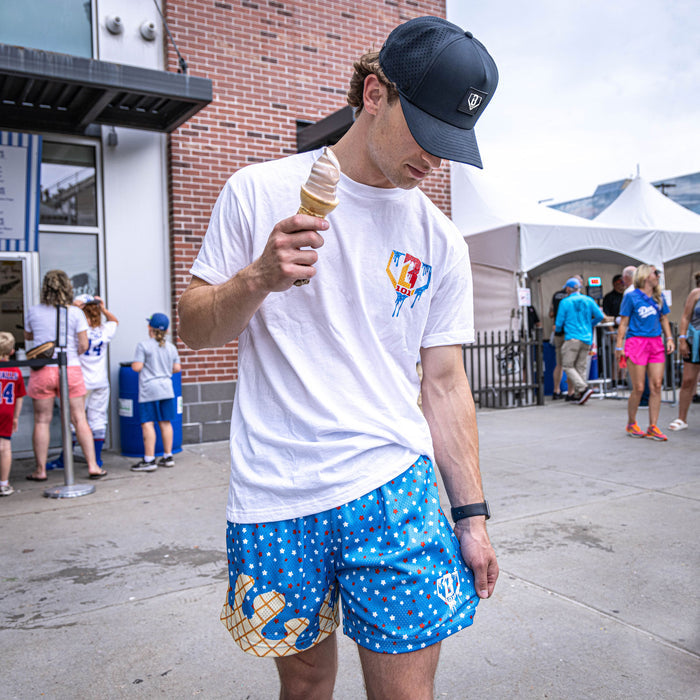 Youth model wearing red, white & blue Ice Cream USA youth shorts