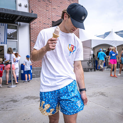 Youth model wearing red, white & blue Ice Cream USA youth shorts
