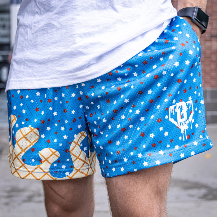 Youth model wearing red, white & blue Ice Cream USA youth shorts