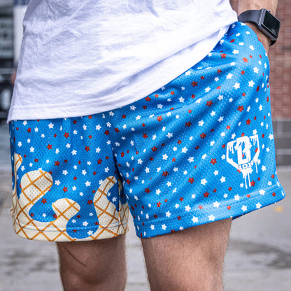 Youth model wearing red, white & blue Ice Cream USA youth shorts