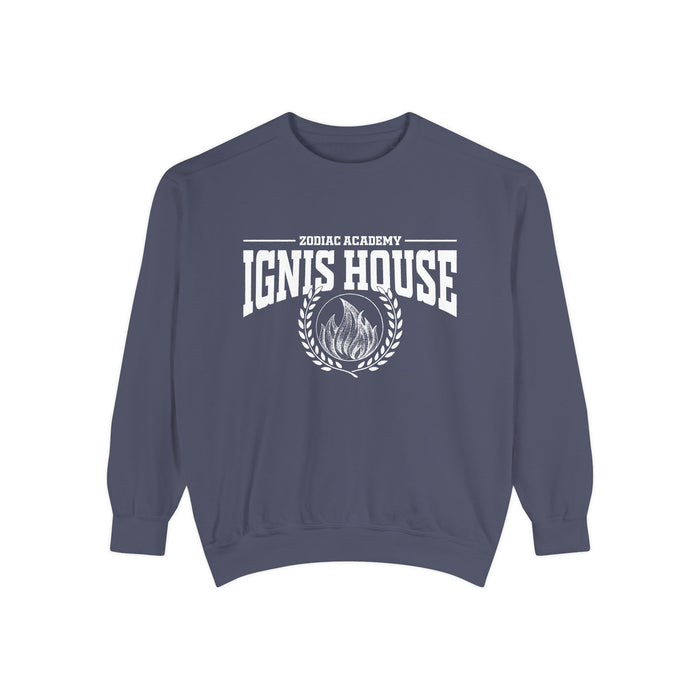 Zodiac Academy crewneck sweatshirt by thtgrlreads featuring bold white "Ignis House" text and flame graphic on a vintage-washed Comfort Colors navy base, perfect for bookish merch fans.