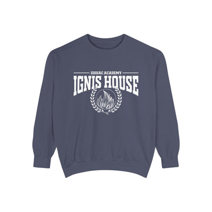 Zodiac Academy crewneck sweatshirt by thtgrlreads featuring bold white "Ignis House" text and flame graphic on a vintage-washed Comfort Colors navy base, perfect for bookish merch fans.