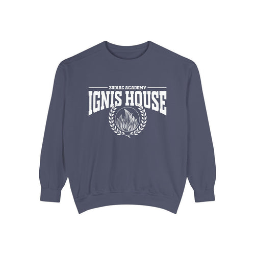 Zodiac Academy crewneck sweatshirt by thtgrlreads featuring bold white "Ignis House" text and flame graphic on a vintage-washed Comfort Colors navy base, perfect for bookish merch fans.