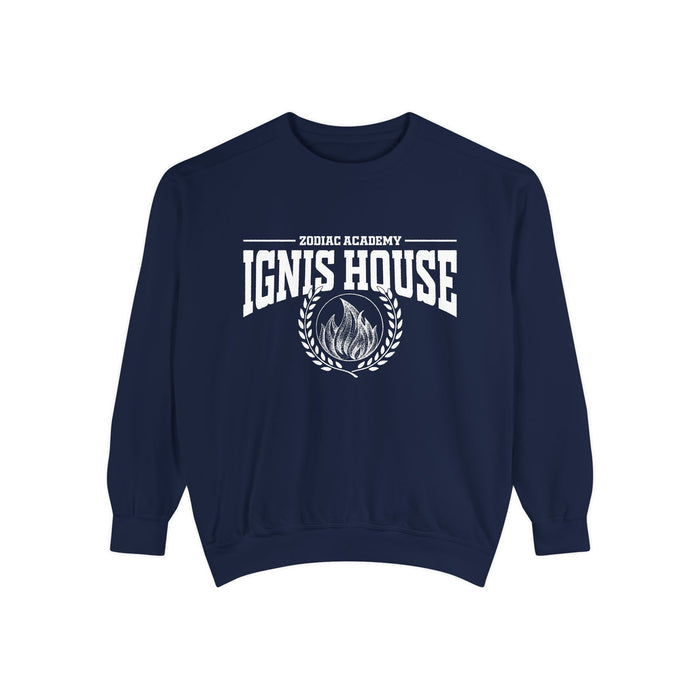 Zodiac Academy crewneck sweatshirt from thtgrlreads featuring a vintage wash navy Comfort Colors base with bold white printed text and flame emblem for cozy bookish style.