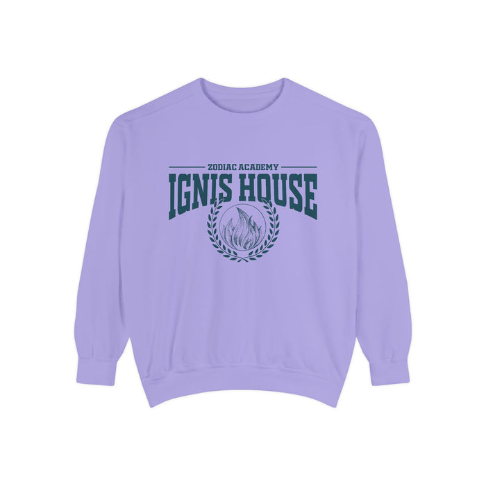 Zodiac Academy crewneck sweatshirt by thtgrlreads featuring a vintage-wash lilac Comfort Colors base with bold Ignis House graphic and laurel wreath print, perfect for bookish merch fans.