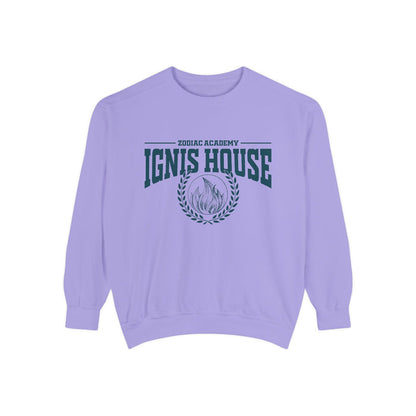 Zodiac Academy crewneck sweatshirt by thtgrlreads featuring a vintage-wash lilac Comfort Colors base with bold Ignis House graphic and laurel wreath print, perfect for bookish merch fans.