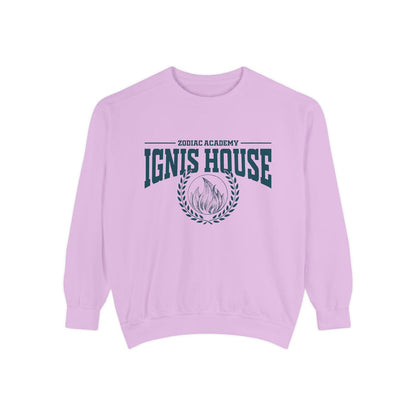 Zodiac Academy sweatshirt from thtgrlreads featuring a cozy oversized Comfort Colors crewneck with vintage-style "Ignis House" text and flame graphic in navy blue.