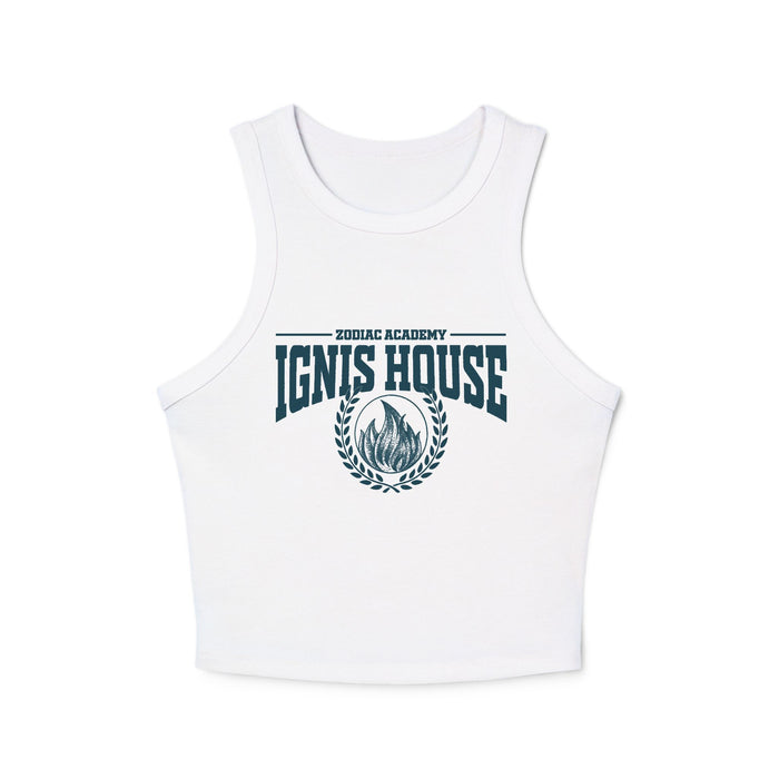 Zodiac Academy inspired sleeveless tank from thtgrlreads featuring a vintage wash white Comfort Colors base with bold "Ignis House" graphic and flame emblem, perfect for bookish fans.