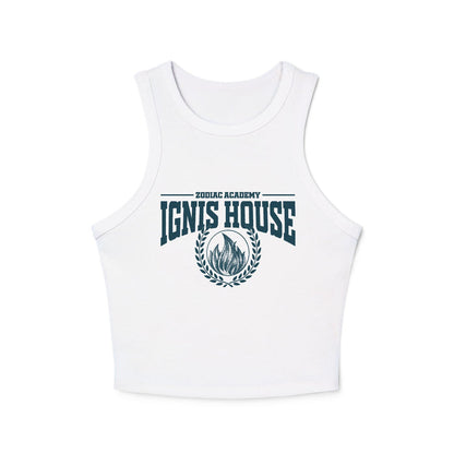 Zodiac Academy inspired sleeveless tank from thtgrlreads featuring a vintage wash white Comfort Colors base with bold "Ignis House" graphic and flame emblem, perfect for bookish fans.