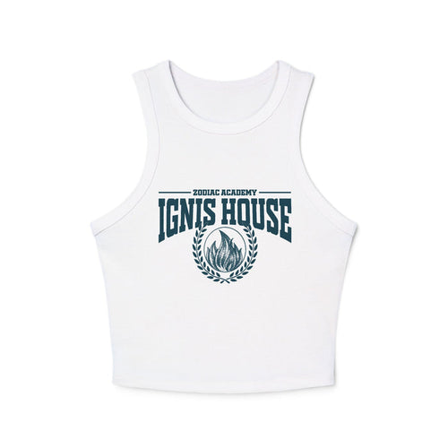Zodiac Academy inspired sleeveless tank from thtgrlreads featuring a vintage wash white Comfort Colors base with bold "Ignis House" graphic and flame emblem, perfect for bookish fans.