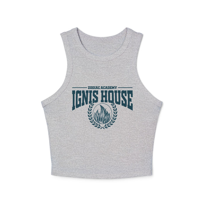 Zodiac Academy-inspired grey Comfort Colors crop tank from thtgrlreads featuring vintage-style printed Ignis House flame crest, perfect for bookish Back to School vibes.