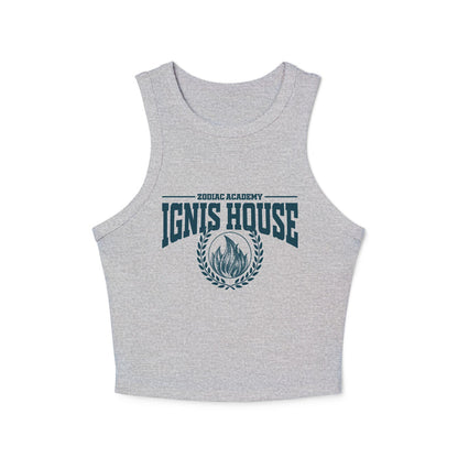 Zodiac Academy-inspired grey Comfort Colors crop tank from thtgrlreads featuring vintage-style printed Ignis House flame crest, perfect for bookish Back to School vibes.