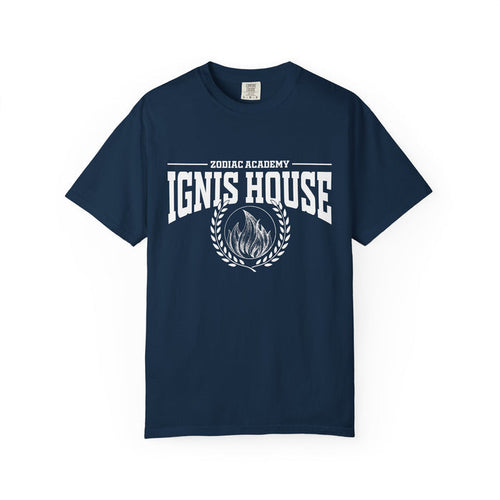Thtgrlreads Zodiac Academy Comfort Colors graphic tee featuring vintage wash and bold Ignis House print with laurel wreath, part of Back to School and Tees collections.