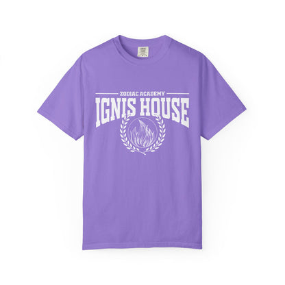 Comfort Colors lavender unisex graphic tee from thtgrlreads featuring bold white block text "IGNIS HOUSE" and flame emblem, part of Zodiac Academy and Back to School collections.