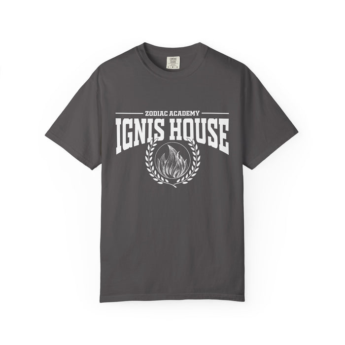 Zodiac Academy inspired comfort colors graphic tee by thtgrlreads featuring a vintage wash charcoal base with bold white "Ignis House" text and a fire emblem in collegiate font.