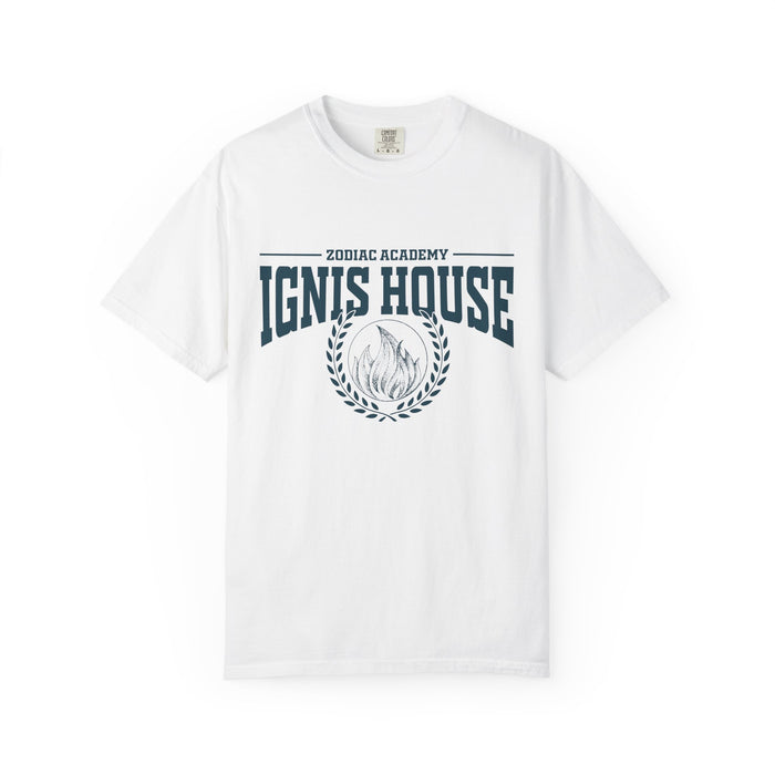 A white Comfort Colors graphic tee from thtgrlreads featuring a vintage wash and bold navy print of "Zodiac Academy Ignis House" with a laurel wreath and flame emblem, perfect for fans in the Back to School and Zodiac Academy collections.