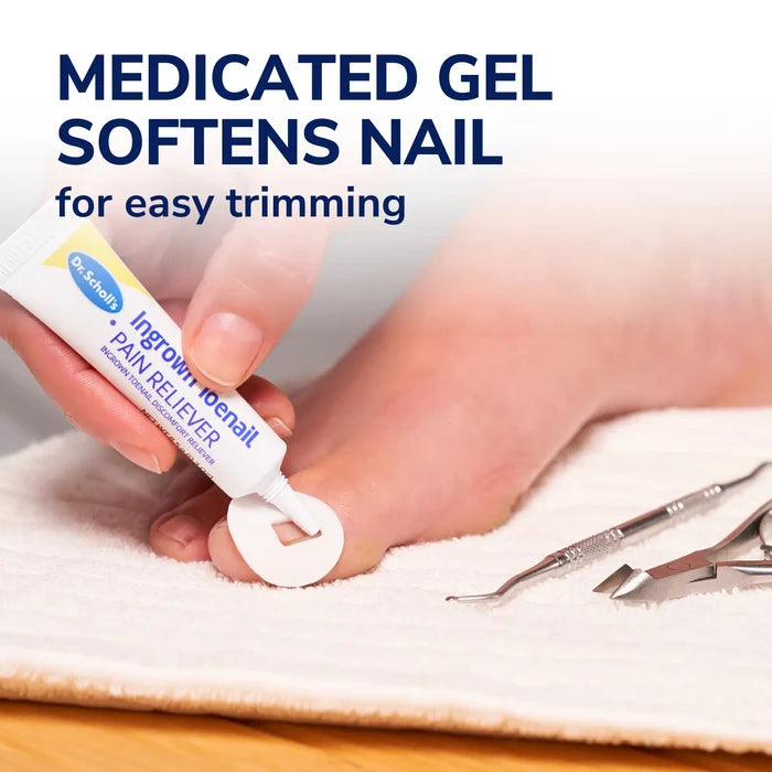 Toenail care kit: medicated gel tube applying to toenail with toenail clippers