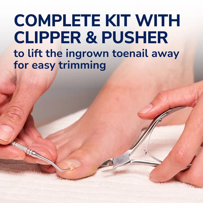 Complete trimming set with lifter tool and pusher for ingrown toenail on towel