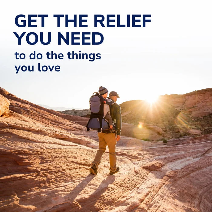 Hikers on a trail with a product relief slogan graphic for ingrown toenail pain