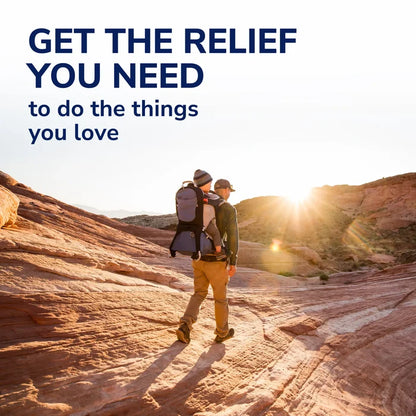 Hikers on a trail with a product relief slogan graphic for ingrown toenail pain