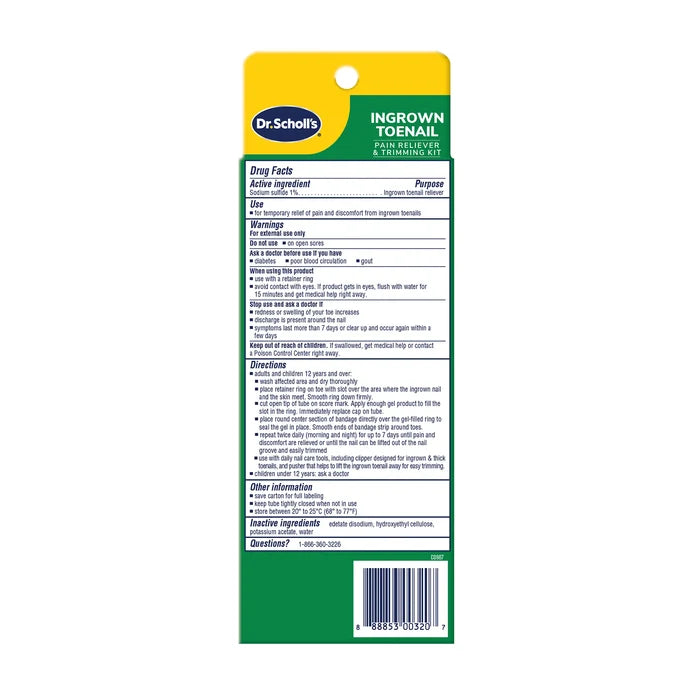 Dr.Scholl's ingrown toenail pain reliever and trimming kit package with label panel