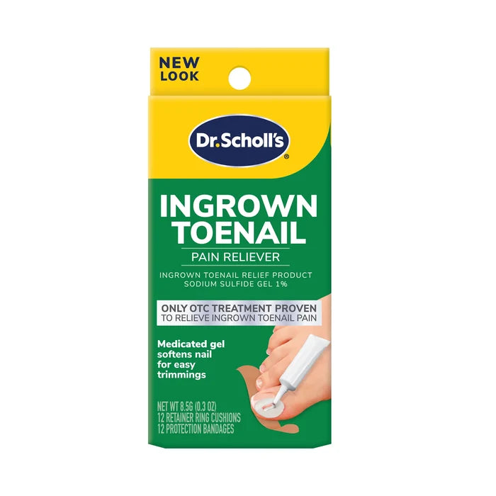 Dr. Scholl's ingrown toenail pain reliever package, yellow and green front label