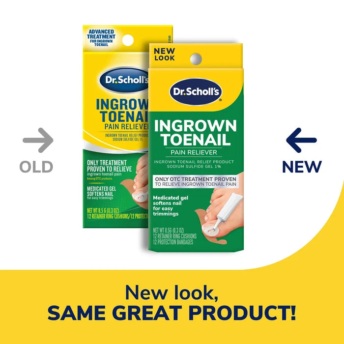 Dr. Scholl's ingrown toenail pain reliever boxes shown as old vs new