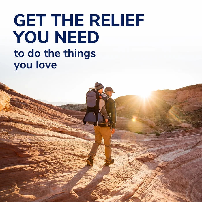 Couple hiking outdoors with promotional text, wellness relief theme