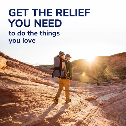 Couple hiking outdoors with promotional text, wellness relief theme