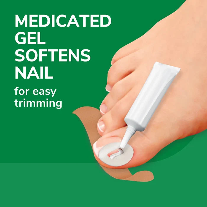 Hand applying medicated gel with white applicator to a toenail