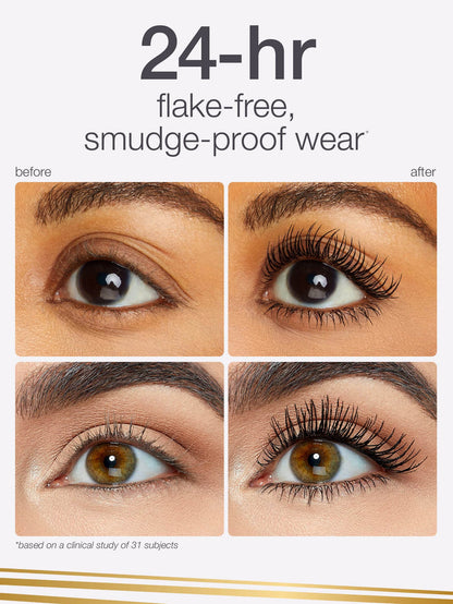 Close-up eyes showing eyelashes transforming from natural to longer, fuller in four before-and-after shots on a pale background; headline text: 24-hr flake-free, smudge-proof wear; before; after; *based on a clinical study of 31 subjects