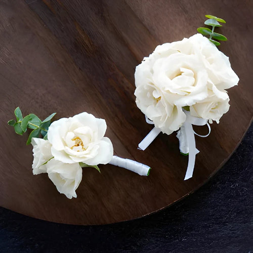 Ivory Spray Rose Boutonniere and Corsage Pack