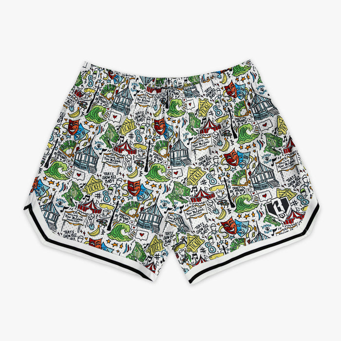 Colorful patterned shorts on a white background