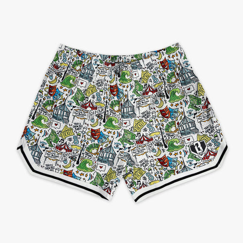 Colorful patterned shorts on a white background